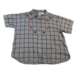 VTG C.S.T. Sport Beige Navy Plaid Floral Embroidered Button Top Womens Size 2X